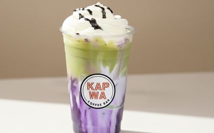 Ube matcha milk tea topped with sweet cream